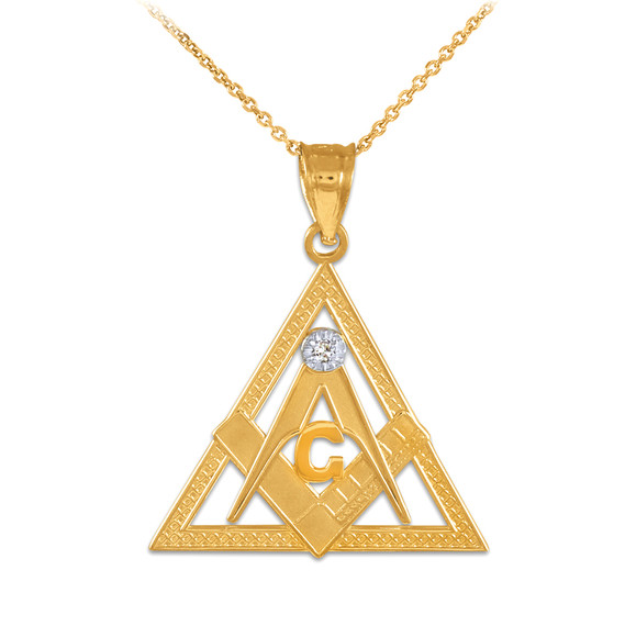 Yellow Gold Freemason Square Compass CZ Eye Of Providence