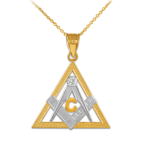 Two-Tone Gold Freemason Square & Compass CZ Eye Of Providence Triangle Pendant Necklace