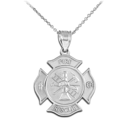 White Gold Firefighter Fire Rescue Badge Pendant Necklace