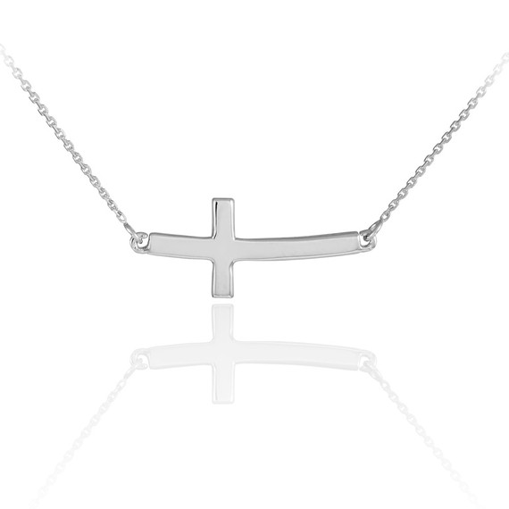 14K White Gold Sideways Curved Cross Necklace