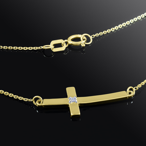 14K Gold Sideways Small Curved Diamond Cross Pendant Necklace (Available in Yellow, Rose and White Gold)