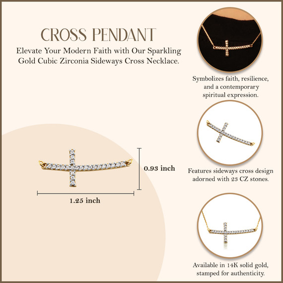 14K Gold Diamond Sideways Cross Pendant Necklace (1.25")(Available in Yellow/Rose/White)