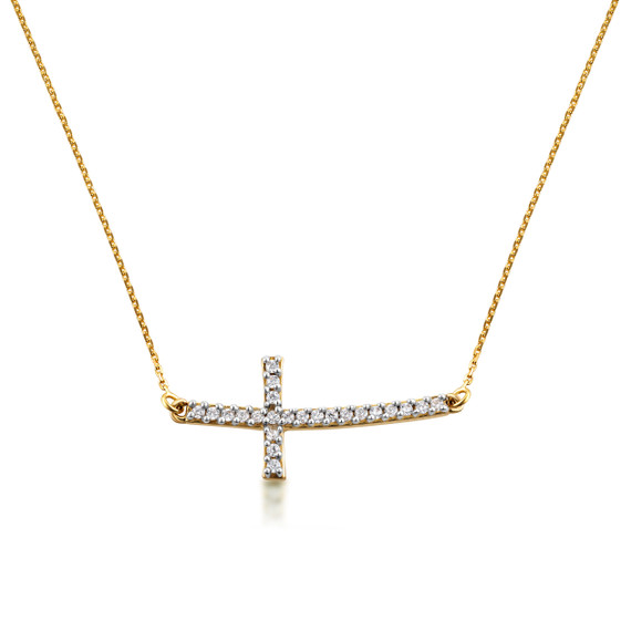 14K Gold Diamond Sideways Cross Pendant Necklace (1.25")(Available in Yellow/Rose/White)