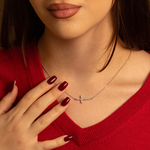 14K Gold Diamond Sideways Cross Pendant Necklace