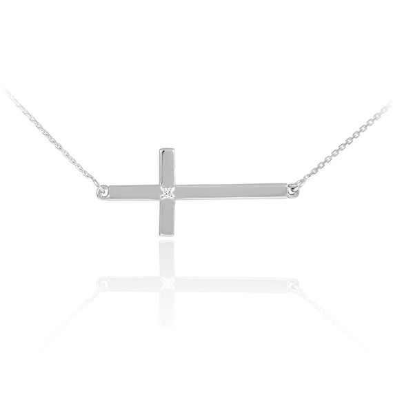 14K Solid White Gold Sideways Diamond Cross Necklace