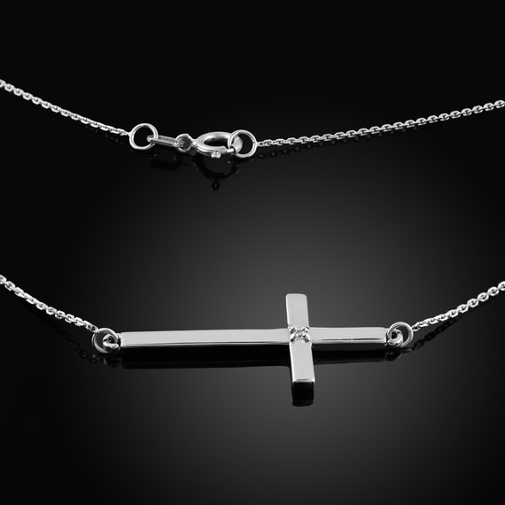 925 Sterling Silver Sideways Diamond Cross Necklace