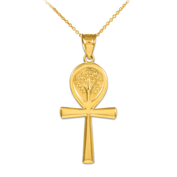 Yellow Gold Ankh Cross Tree of Life Pendant Necklace
