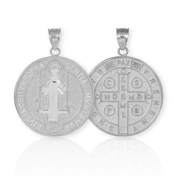 Solid White Gold St. Benedict Coin Medallion Pendant (M)