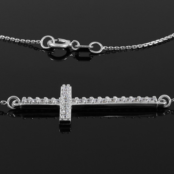 14K White Gold Sideways Cross CZ Pendant Necklace