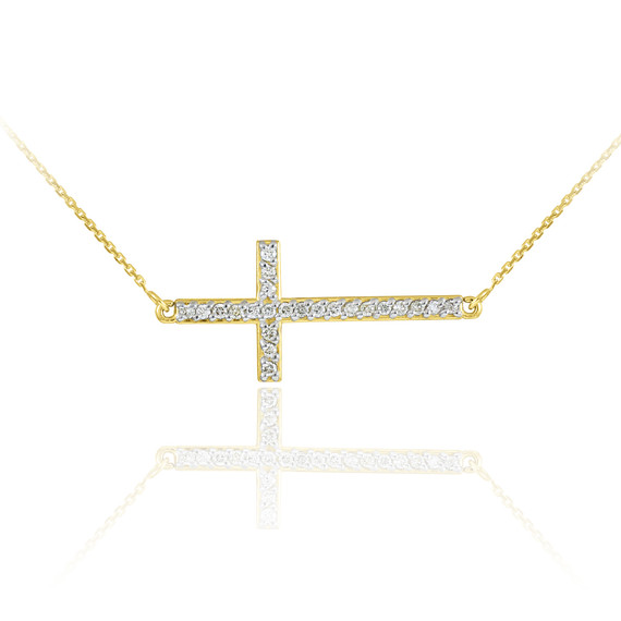 14K Gold Sideways Cross CZ Pendant Necklace
