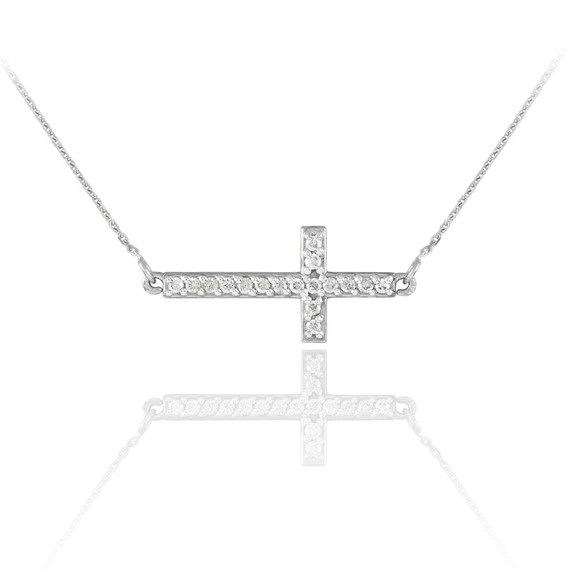 14K White Gold CZ Sideways Cross Cute Necklace