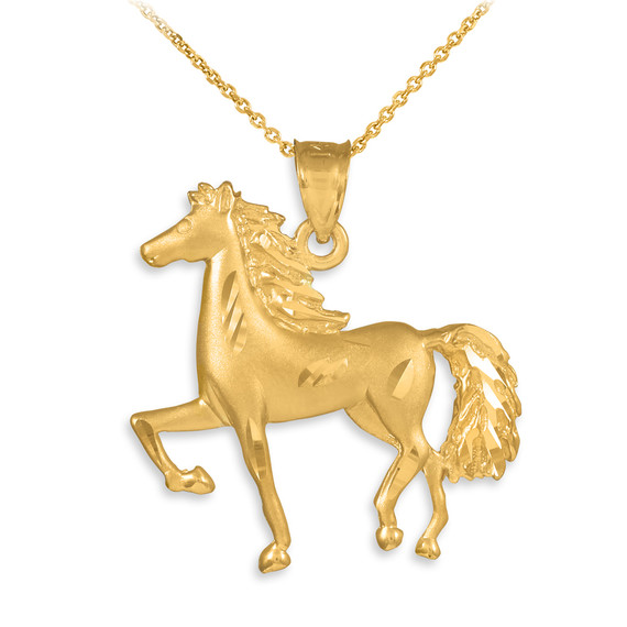 Satin Finish Diamond Cut Gold Horse Charm Pendant Necklace