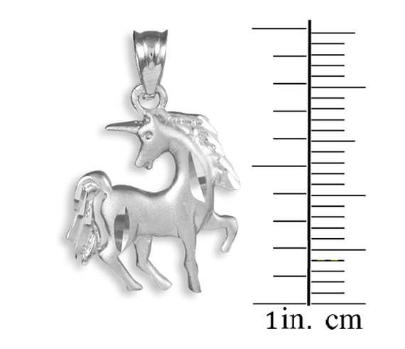 Satin Finish Diamond Cut White Gold Unicorn Charm Pendant Necklace