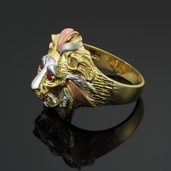 Tri-Tone Gold Lion Head Men's CZ Ring