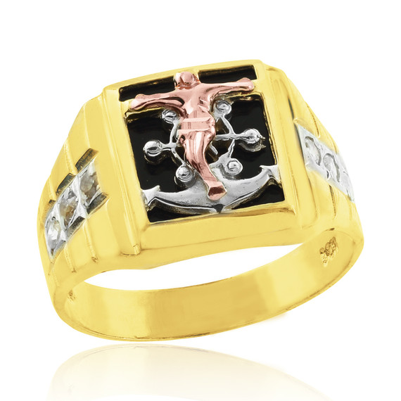 Tri-Tone Gold Crucifix & Anchor Black Onyx Mens CZ Ring