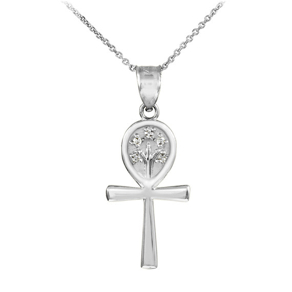 White Gold Ankh Cross Tree of Life CZ Pendant Necklace