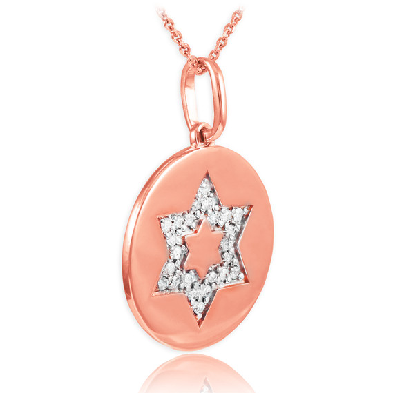 14K Polished Rose Gold Jewish Star of David Diamond Medallion Pendant Necklace