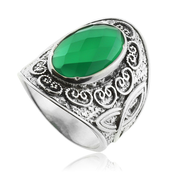 Green Agate Silver Celtic Ring