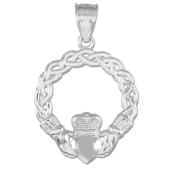 White Gold Classic Braided Claddagh Charm Pendant Necklace