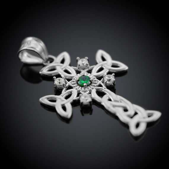 Silver Celtic Knot Trinity Cross Diamond Pendant Necklace with Genuine Emerald