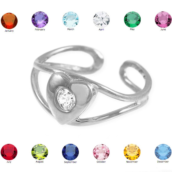 Silver Heart Birthstone CZ Toe Ring