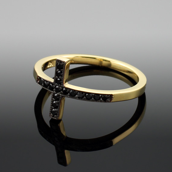 Gold Sideways Cross Ring with Black Diamonds(Available in Yellow/Rose/White Gold)