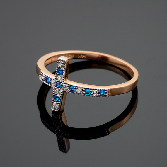 Rose Gold Diamond Sapphire Gemstone Religious Cross Band Ring