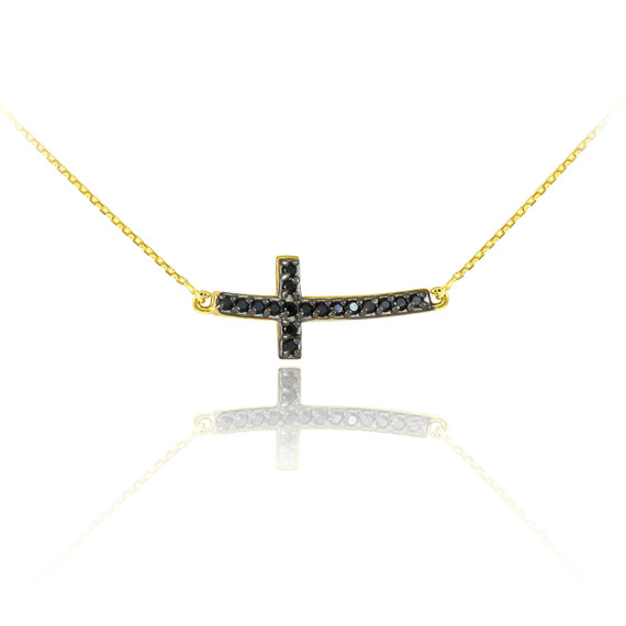 14K Yellow Gold Sideways Black CZ Curved Cross Necklace (0.35")