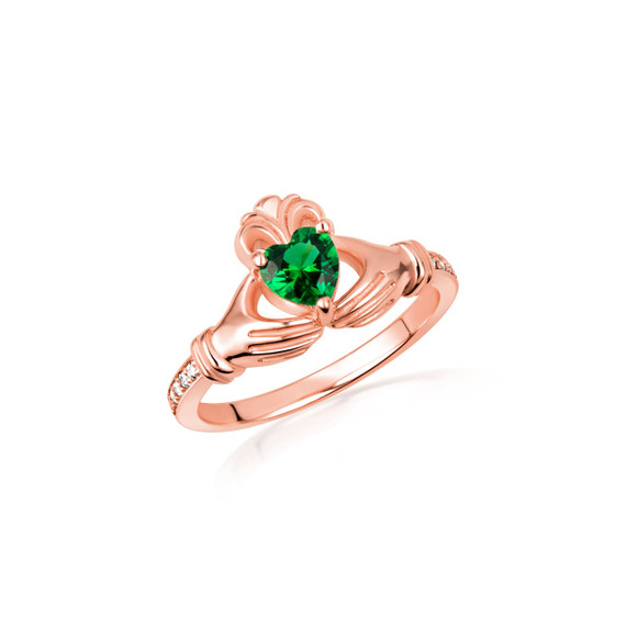 Rose Gold Woman's Cherished Claddagh CZ Birthstone Ring with Diamonds