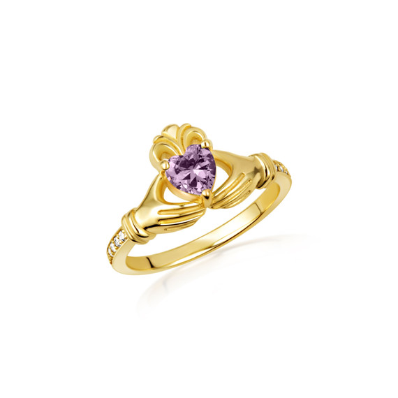 Gold Woman's Cherished Claddagh Alexandrite CZ Birthstone Ring with Diamonds