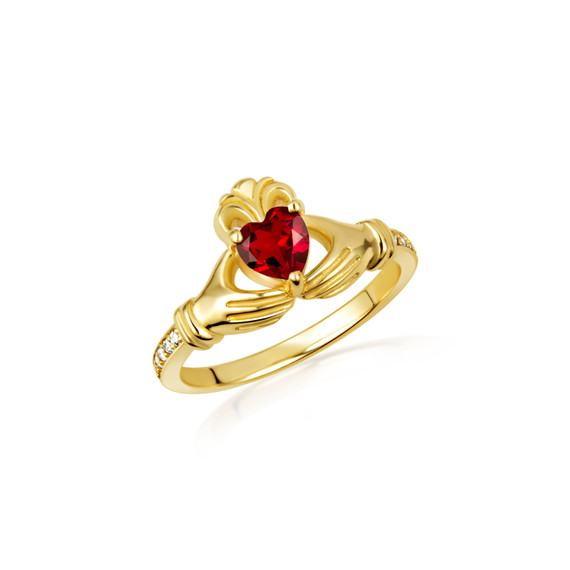 Gold Woman's Cherished Claddagh Garnet CZ Birthstone Ring with Diamonds