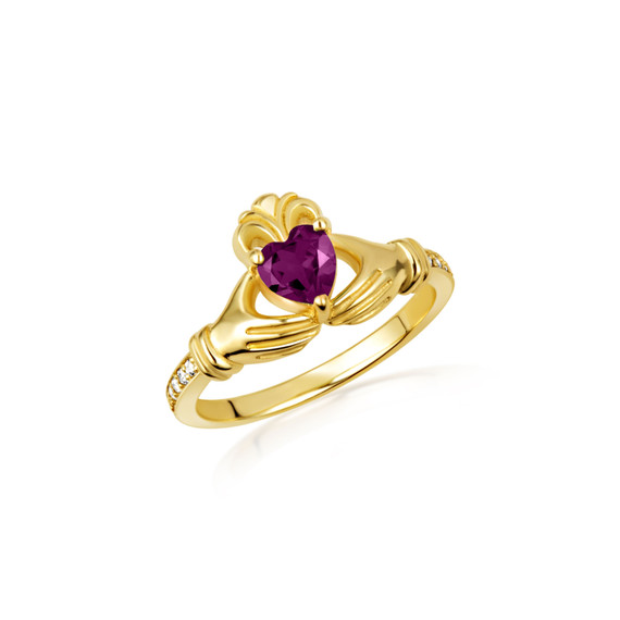 Gold Woman's Cherished Claddagh Amethyst CZ Birthstone Ring with Diamonds