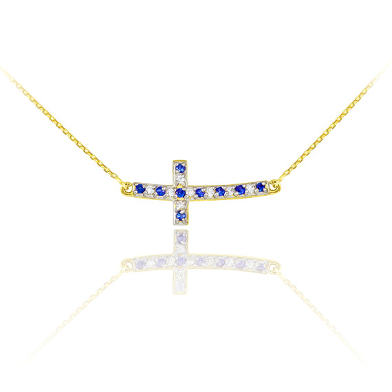 14K Yellow Gold Sideways Blue & Clear CZ Curved Cross Necklace (0.35")