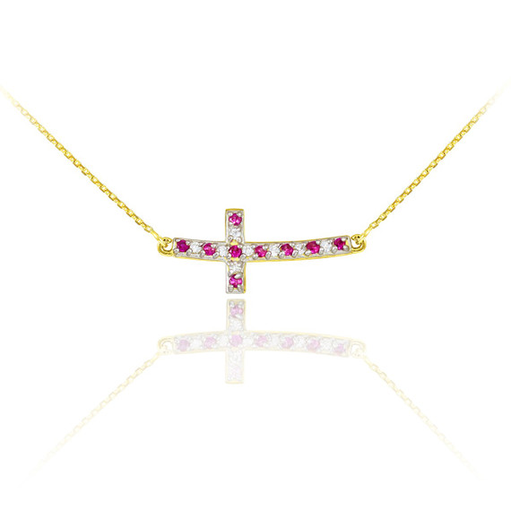 14K Yellow Gold Sideways Diamond and Ruby Curved Cross Necklace (0.35")