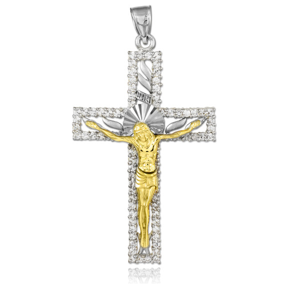 Two-Tone White and Yellow Gold CZ Crucifix Pendant