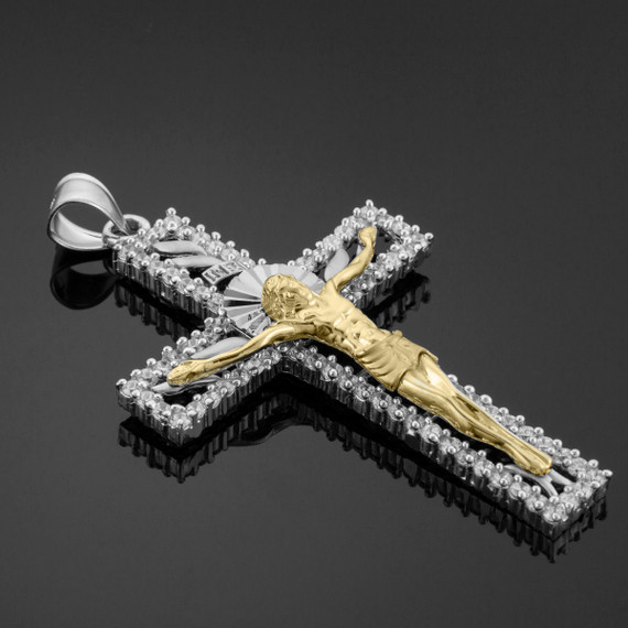 Two-Tone White and Yellow Gold CZ Crucifix Pendant