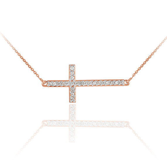 14K Rose Gold Sideways Diamond Cross Pendant Necklace