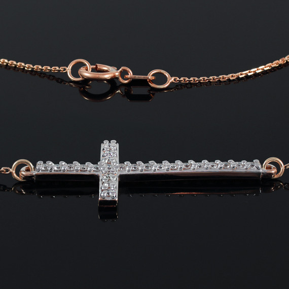 14K Rose Gold Sideways Diamond Cross Pendant Necklace