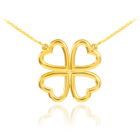 14K Yellow Gold Four Leaf heart Clover Lucky Charm Necklace