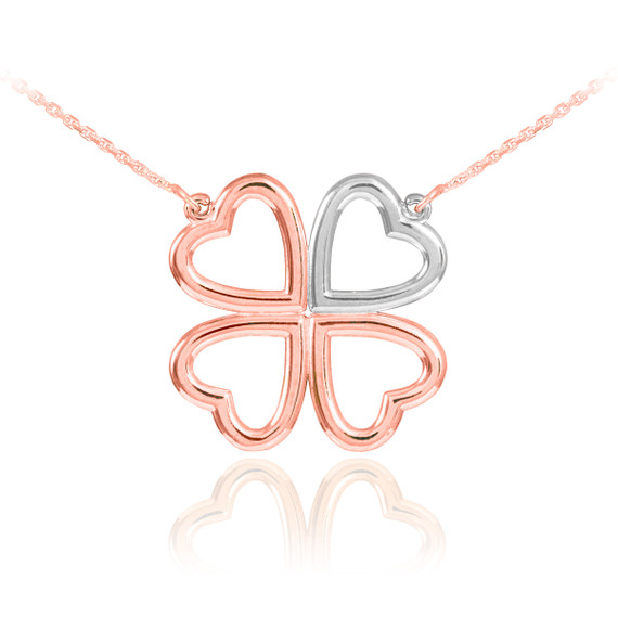 14K Two-Tone Rose Gold Four Leaf heart Clover Lucky Charm Necklace