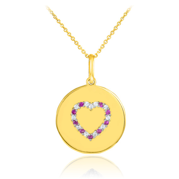 Heart disc pendant necklace with diamonds and rubies in 14k gold.