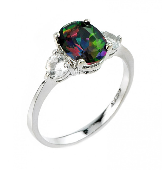 Ladies white and mystic topaz gemstone ring in 10k or 14k white gold.