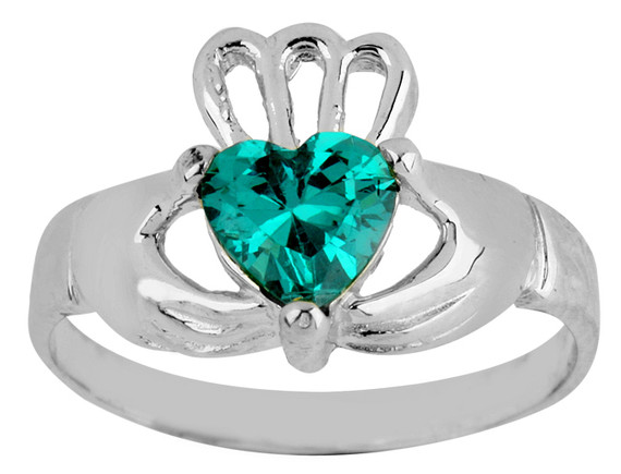 White Gold Claddagh Baby Ring with Emerald
