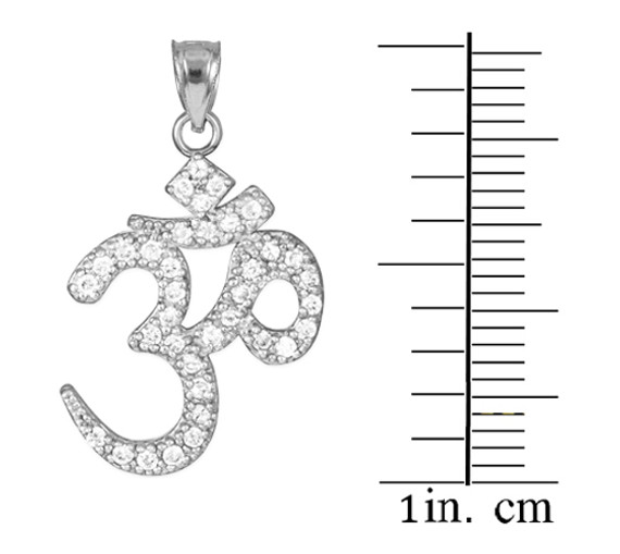 14k White Gold Om Hindu Ganesh CZ Pendant with Measurements