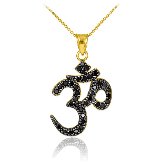 14k Yellow Gold Om/Ohm/Aum Hindu Ganesh Black CZ Pendant Necklace