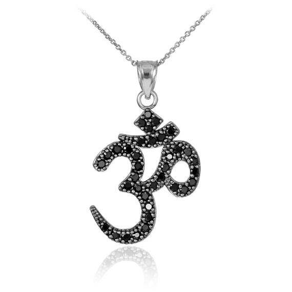 14K White Gold Om/Ohm/Aum Hindu Ganesh Black CZ Pendant Necklace