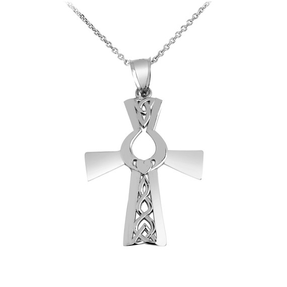 Irish White Gold Cross With Claddagh Pendant Necklace