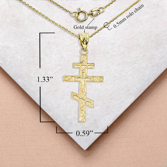 Yellow Gold Russian Orthodox Cross Pendant Necklace with Measurement