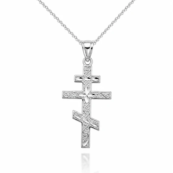 Gold Russian Orthodox Cross Pendant Necklace (Available in Yellow/Rose/White)