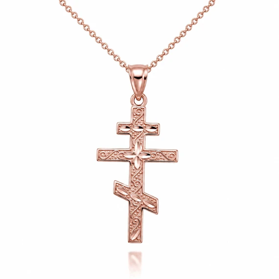 Gold Russian Orthodox Cross Pendant Necklace (Available in Yellow/Rose/White)